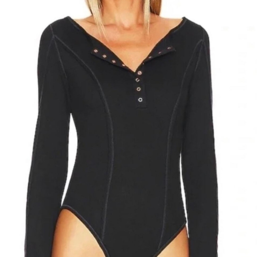 Free People Sloan Black Long Sleeve Bodysuit with Snaps